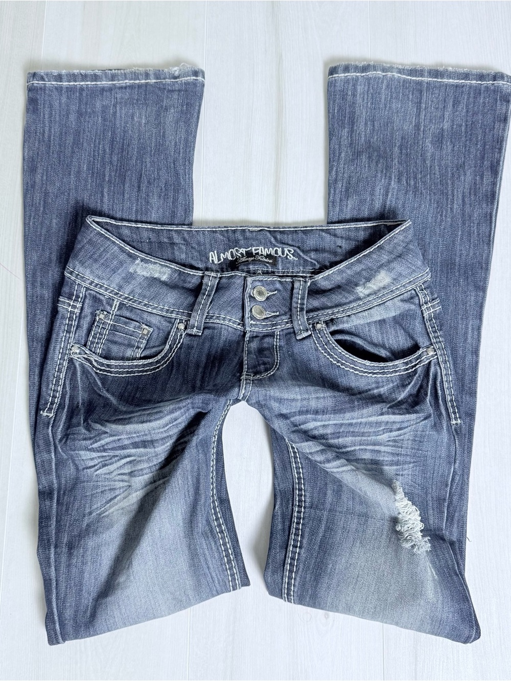 Almost Famous Y2K Dark Blue Distressed Boot Cut Low/mid rise Jeans
